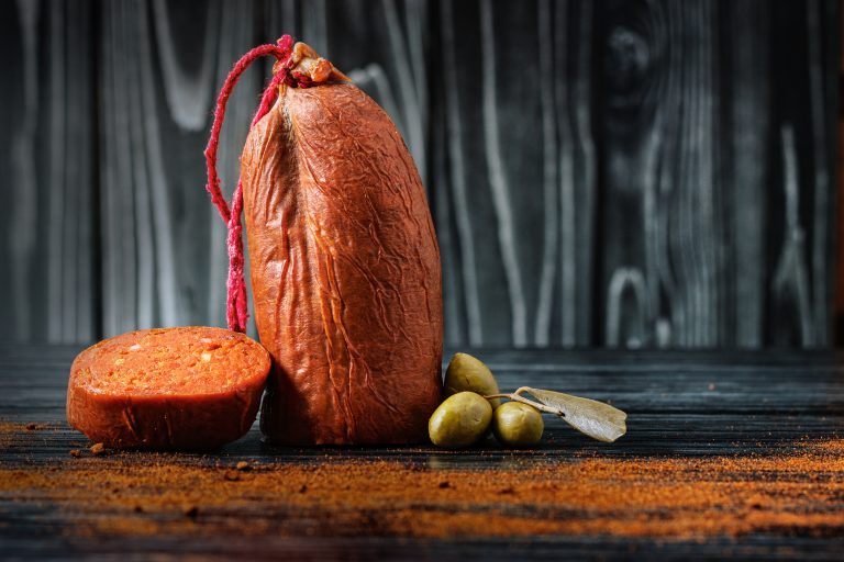 Typical,Mallorcan,Paprika,Sausage,Called,"sobrasada",On,A,Dark,Wooden