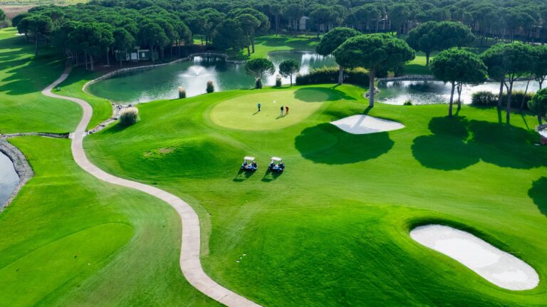 Top,View,Of,Two,Men,Playing,Golf,On,A,Sunny